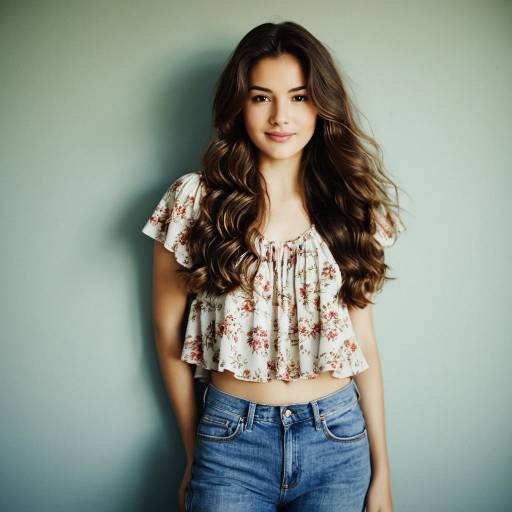 Young Woman in Floral Top and Denim Jeans