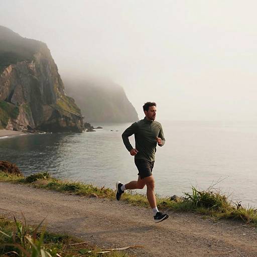 Photograph of a man running on a coastal path, wearing green long-sleeve shirt and black shorts, with misty cliffs and ocean in background