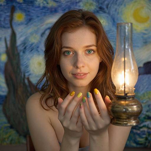 Young woman with green eyes and brown hair, holding a lit lamp, against a Van Gogh-style Starry Night background, with colorful nails. Photograph