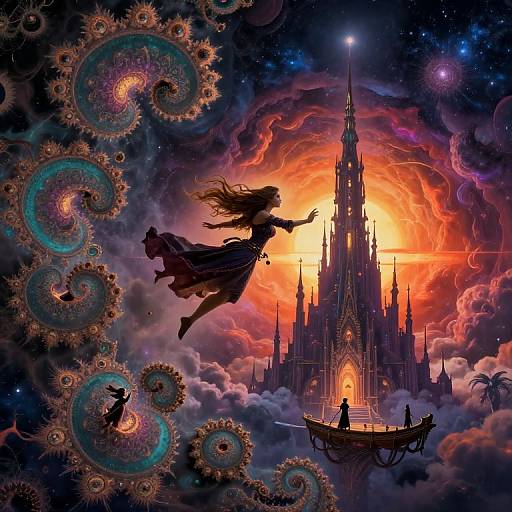 Digital fantasy artwork: Silhouetted woman in flowing dress flies toward a glowing castle amidst swirling gears and clouds, with a boat below. Vibrant