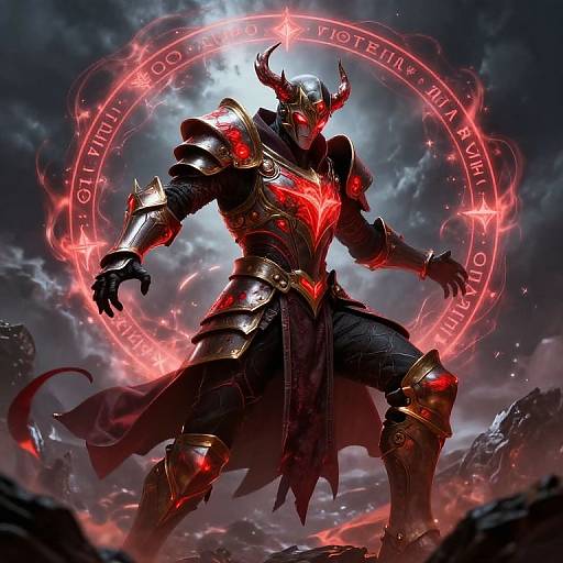 Digital art of a powerful, dark armored demon with glowing red heart, horns, and circle of magic runes in stormy sky.
