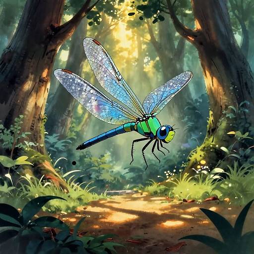Iridescent Dragonfly in Enchanted Forest