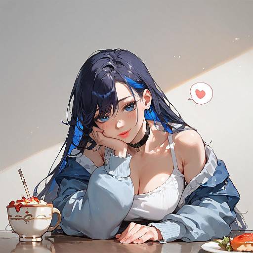 Anime Girl Sitting at Cafe Table