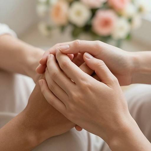 Photograph of two hands gently clasping each other in the center, with blurred soft pink and white flowers in the background.