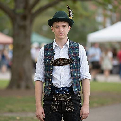 Young man in traditional Scottish attire: green tartan vest, white shirt, black pants with ornate belt, dark green hat with feather, standing outdoors