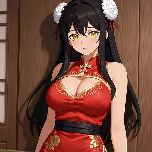 Anime-style digital illustration of a beautiful woman with long black hair, golden eyes, wearing a red cheongsam with floral gold patterns, black sash