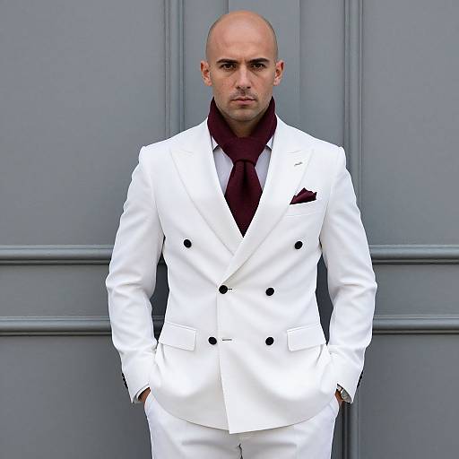 Bald man in white suit with maroon scarf