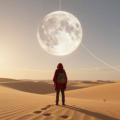 Photograph of a silhouetted person with backpack standing in sunlit desert, gazing at a glowing, large moon suspended in sky.