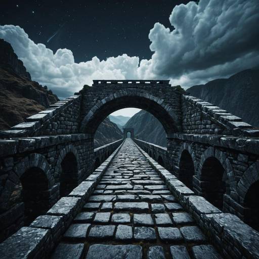 Hyperrealistic Mountain Stone Bridge at Midnight