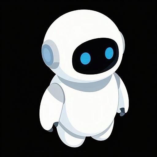 Digital illustration of a cute, white, spherical robot with a black, glowing face and bright blue eyes, set against a black background.