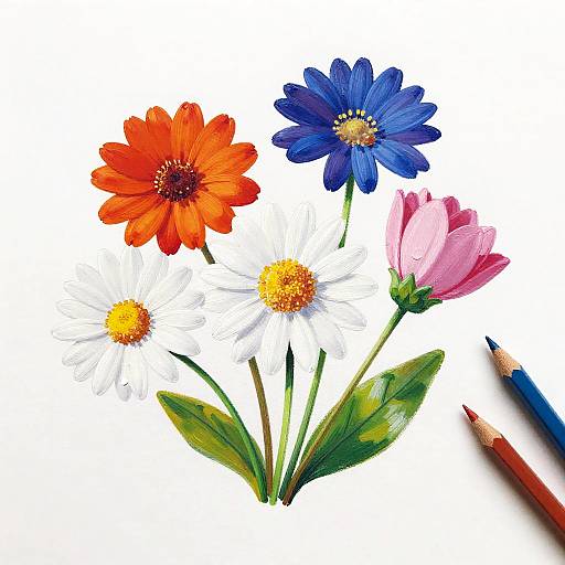 Colorful Acrylic Flower Painting with Colored Pencils