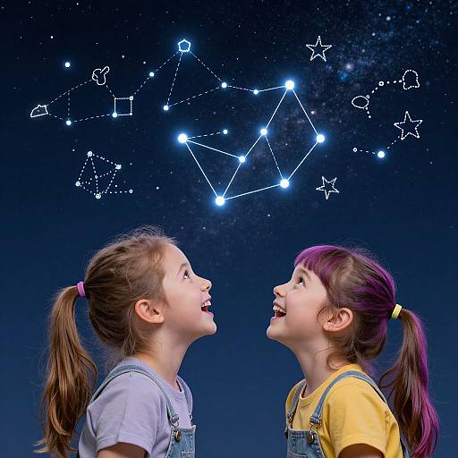 Photograph of two laughing girls, one with brown hair and blue overalls, the other with purple hair and yellow shirt, gazing at a glowing