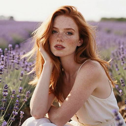 Photograph of a freckled, red-haired woman with fair skin, wearing a white, sleeveless dress, sitting in a lavender field, sunlight
