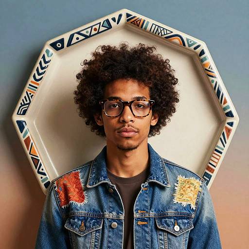 Photograph of young Black man with afro, glasses, denim jacket with colorful embroidered patches, standing against hexagonal white plate with tribal design.