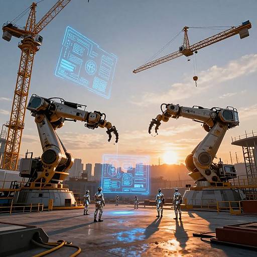 Photograph of a futuristic construction site at sunset, featuring robotic arms with blue holographic displays, four workers, and two yellow cranes.