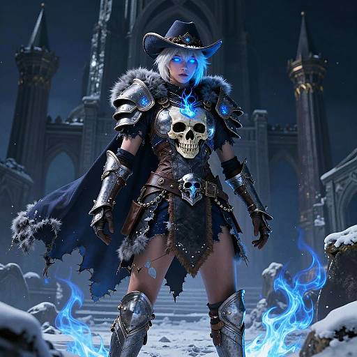Digital art of a fierce female warrior with glowing blue eyes, black fur-trimmed cape, skull armor, and silver boots, standing in a snowy