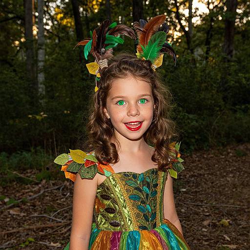 Photograph of a young girl with curly brown hair, green eyes, and red lips, wearing a colorful, feathered Mardi Gras dress,