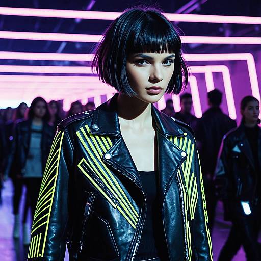 Fashion Model with Pixie Bob Haircut on Neon Runway
