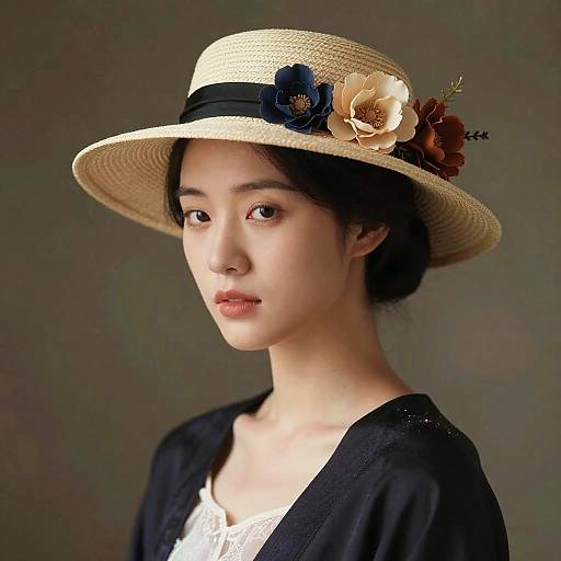 Photograph of an Asian woman with fair skin, wearing a beige straw hat adorned with dark blue and beige flowers, black cardigan, and white lace