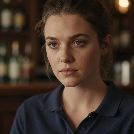 Photograph of a serious-looking woman with blue eyes, light brown hair, and fair skin, wearing a dark blue polo shirt, against a blurred background