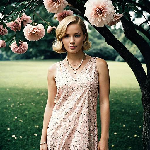 Elegant woman in pink sleeveless dress under flowering tree