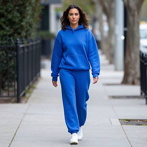 Photograph of a confident woman with medium brown skin and wavy black hair, wearing a bright blue hoodie and pants, white sneakers, walking on a