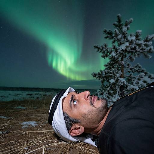Photograph of a bearded man lying on grass, wearing a white headscarf, gazing at vibrant green Northern Lights, with a snow-covered