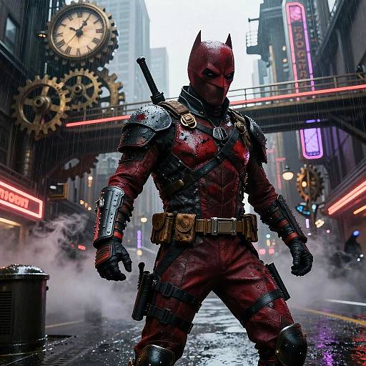 Digital artwork of a muscular, armored Batman in a wet, neon-lit city street with rain, clock gears, and glowing signs.