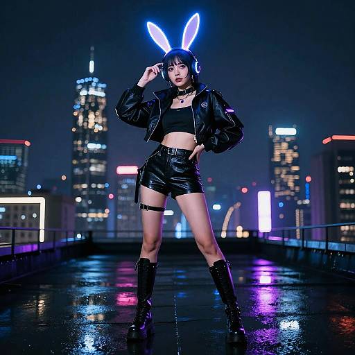 Photograph of a woman in a neon-lit city night, wearing black bunny ears, crop top, leather shorts, and boots, standing confidently on