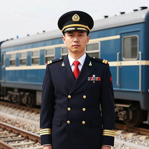 Train Engineer in Uniform by Railway Tracks