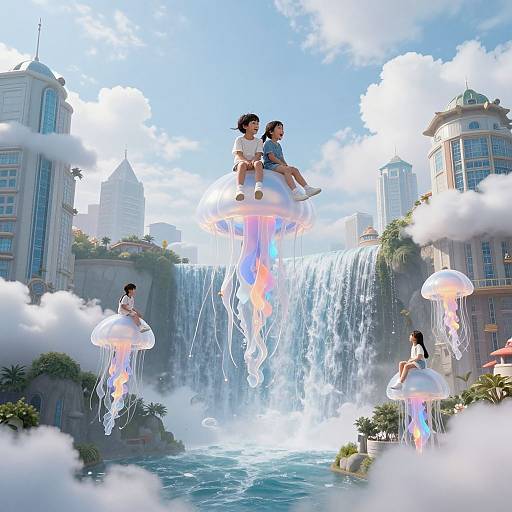 Digital art of two girls sitting on a jellyfish, floating above a city with waterfalls, surrounded by more jellyfish and clouds. Bright, whims