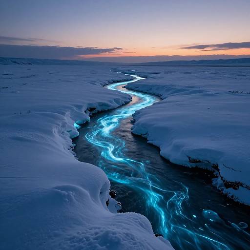 Photograph of a glowing blue river winding through icy, snow-covered terrain at twilight, with an orange and purple sky above.