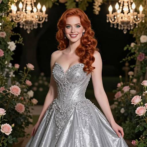 Photograph of a smiling, red-haired woman in a silver, strapless, beaded ball gown, standing before a dark floral arch with chandel