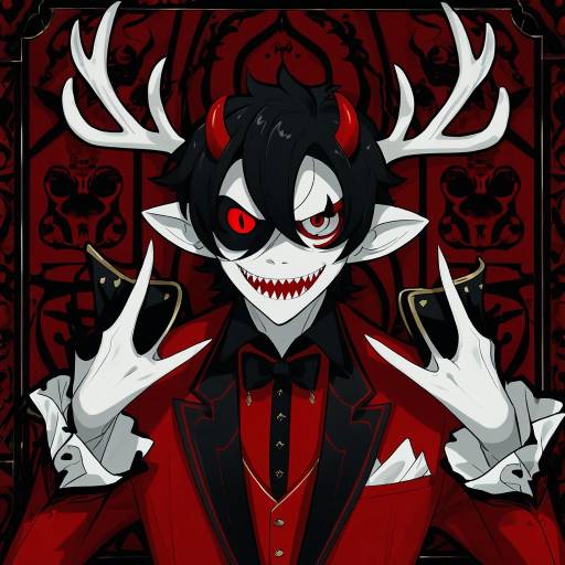 Illustration of Alastor (hazbin hotel), hazbin hotel in the style of Yuuyuu (yuuki1771)