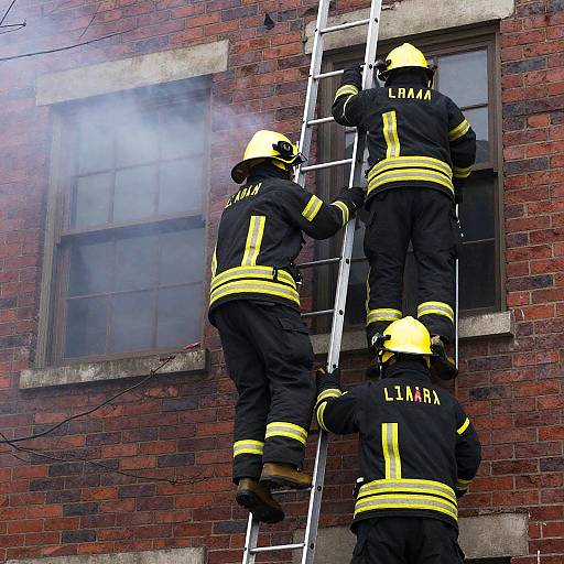 Photograph of three firefighters in yellow helmets and black uniforms with yellow stripes, climbing a ladder to a smoke-filled window on a red brick building. Names