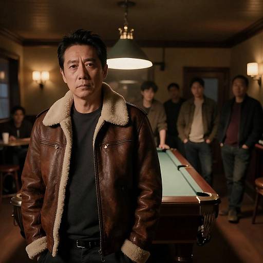 Man in Brown Leather Jacket at Pool Hall