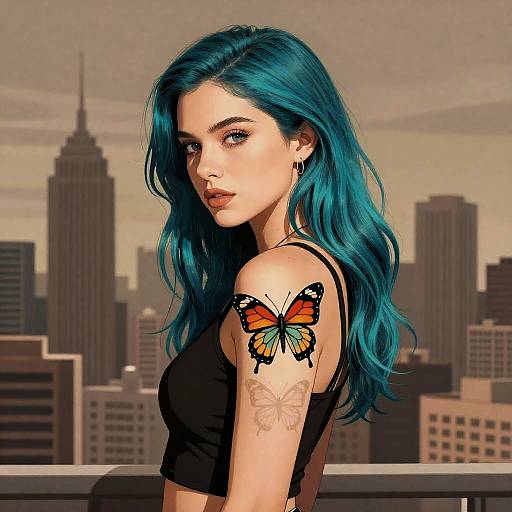 Realistic Cyan Hair Cityscape Portrait