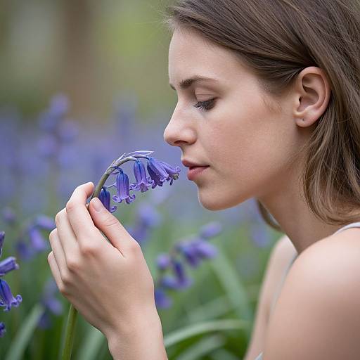 Photograph of a young woman with fair skin and brown hair, gently smelling a bluebell flower in a blurred garden background.