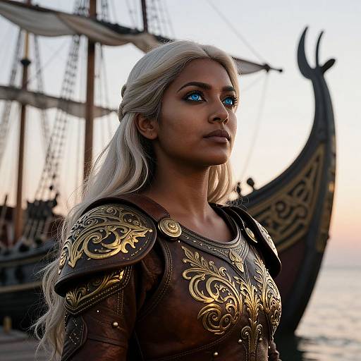 Digital art of a blonde woman with striking blue eyes, wearing ornate medieval armor, standing in front of a Viking ship at sunset.