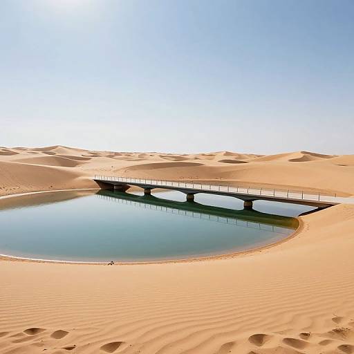 Photograph of a serene desert oasis with rippled sand dunes, a calm circular pool, and a narrow, arched bridge reflecting in the water