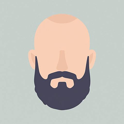 Simple digital illustration of a bald, light-skinned man with a dark blue, full beard and mustache, set against a light blue background.