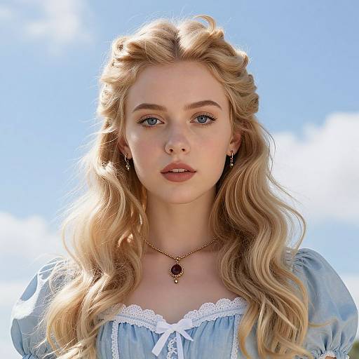 Photograph of a blonde woman with wavy hair, blue eyes, wearing a light blue dress with white lace, gold necklace, and earrings, against