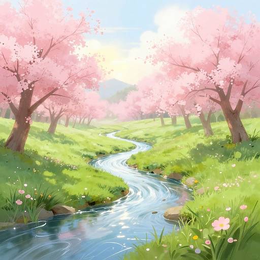 Digital illustration of a serene, sunlit meadow with a winding blue stream, surrounded by pink cherry blossoms, vibrant green grass, and scattered flowers