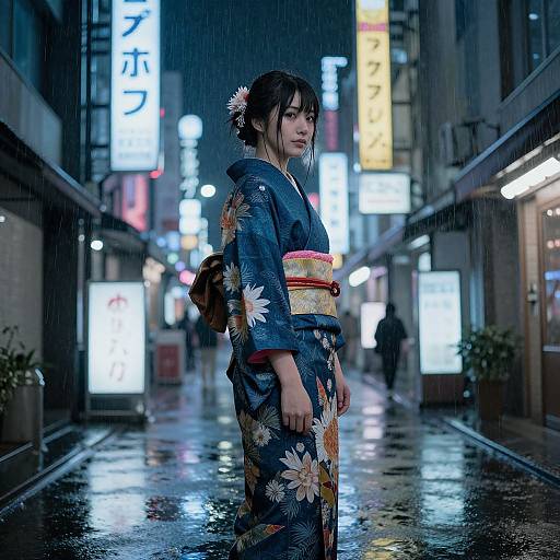 Photograph of a young Japanese woman in a blue floral yukata, standing on a rainy urban street at night, neon signs glowing in the background