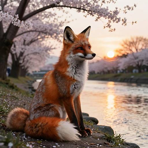 Photograph of a red fox sitting by a serene river at sunset, surrounded by blooming cherry blossom trees, with a reflective water surface.