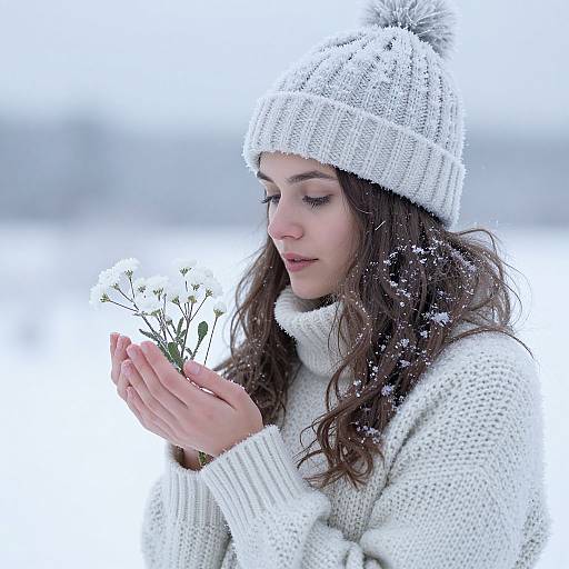 Photograph of a young woman with wavy brown hair, wearing a white knit hat and sweater, gently holding white wildflowers in a snowy landscape.
