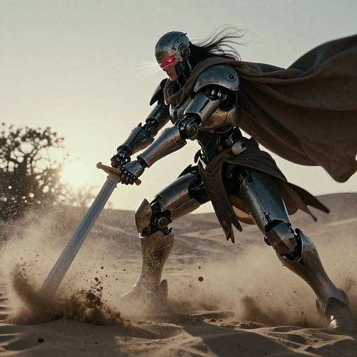 Photorealistic digital art of a futuristic armored knight with red visor, wielding a sword, kicking up sand in a desert sunset.