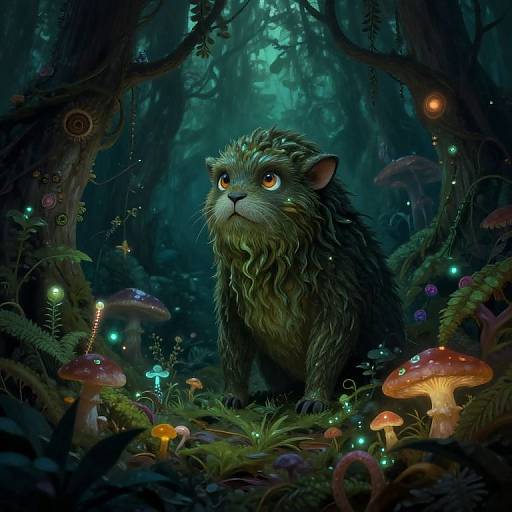 Digital fantasy artwork of a glowing-eyed, green-furred kitten surrounded by bioluminescent mushrooms and fairy lights in a mystical forest.