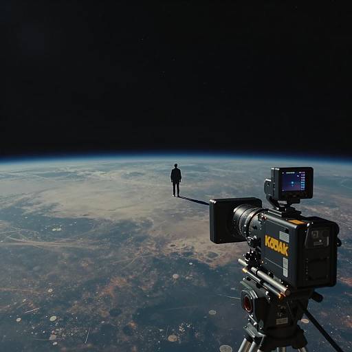 Man Standing on Alien Planet with Film Camera