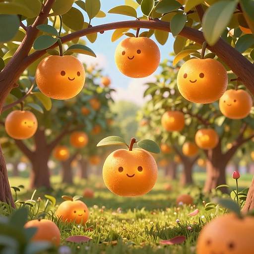 Digital illustration of cheerful, orange-faced oranges hanging from trees in a sunlit orchard, with green grass and small flowers in the foreground.
